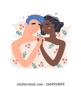 Lovers man and black african american woman cuddle lying in bed. Happy multiracial family concept. Couple in a relationship in love. Banner with place for text in modern style