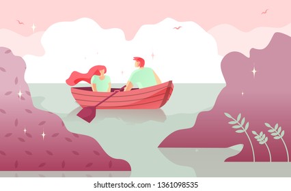 Lovers Man and Woman Boating on River Cartoon. Warm Intimacy Young People. Manifestation Romance for Couples. Vector Illustration Colored Background. Rest on River. Family Tradition Boating.