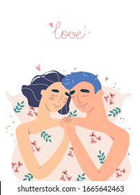 Lovers man and woman cuddle lying in bed. Happy family concept. Couple in a relationship in love. Banner with place for text in modern style