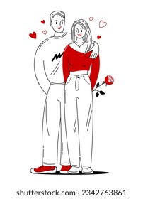 Lovers man and woman. Doodle style with red color elements