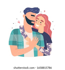 Lovers man and woman hug. Happy family concept. Couple in a relationship in love. Banner with place for text in modern style