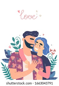 Lovers man and woman hug. Happy family concept. Couple in a relationship in love. Banner with place for text in modern style