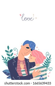 Lovers man and woman hug. Happy family concept. Couple in a relationship in love. Banner with place for text in modern style