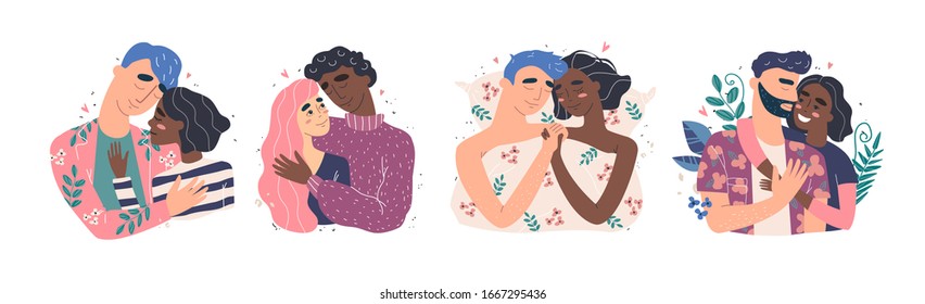 Lovers man and woman hug. Happy multiracial family concept. Couple in a relationship in love. Set of images