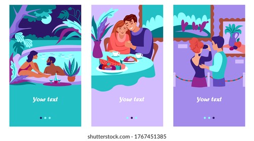 lovers man and woman are relaxing by pool against backdrop of an exotic landscape, sitting in a cafe, restaurant at table with dishes, photographing paintings in museum.  Creative templates.