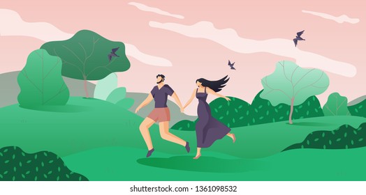 Lovers Man and Woman Run through Woods Cartoon. Romance without Rules, Adventure for Two. Man and Woman are Found Nature. Beautiful Landscape, Young People are Running along Grass.