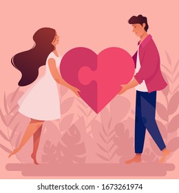Lovers man and woman stack their heart like a puzzle. Vector illustration.