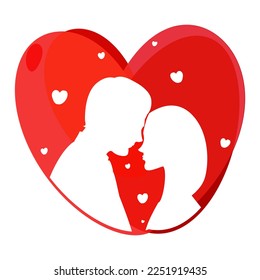 Lovers. Man and woman white silhouettes in a red heart. Valentine.  Valentine's Day card. 