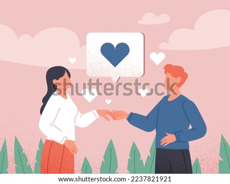 Lovers man and woman. Young guy and girl holding hands against background of heart. Romantic date and love. Tenderness and care. Poster or banner for website. Cartoon flat vector illustration
