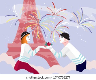 lovers mimes happy Bastille day fireworks