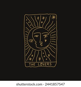 The Lovers moon and sun black and gold whimsical Tarot logo or label, magic cards reader, hand-drawn sketch brush simple minimal print for magical esoteric souvenirs. Witchy female hand drawn magic