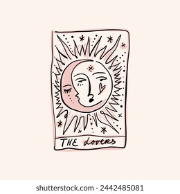 The Lovers moon and sun face celestial mystical whimsical Tarot logo or label, magic cards reader, hand-drawn sketch brush simple minimal print for magical esoteric souvenirs. Witchy hand drawn simple