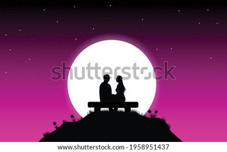 Lovers at Moonlit night on beautiful landscape. Moonlit night. Valentines Day. Happy Lovers. Lovers vector illustration.
