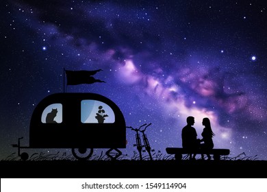 Lovers near camper trailer at night. Vector illustration with silhouette of couple sitting on log on campsite. Family road trip. Space dark background with starry sky and Milky Way