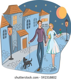 Lovers in the night city, vector illustration