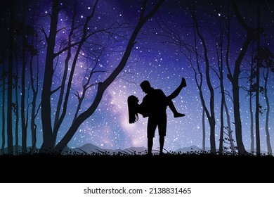 Lovers at night. Couple silhouette in forest. Milky Way at starry sky