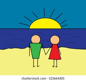 Lovers on the beach cartoon illustration