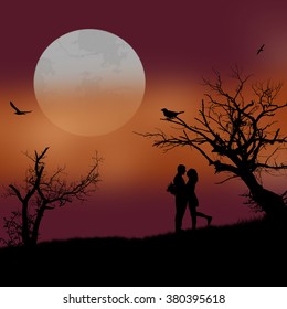 Lovers on beautiful sunset background. Romantic scene, vector illustration