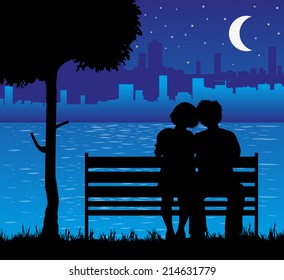 lovers on the bench and the city in the background