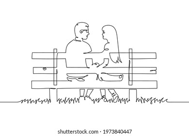 Lovers on bench in park. Continuous line. Loving couple linear outline