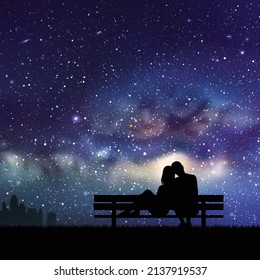 Lovers on bench in park. Couple silhouette at night. Milky Way at sky