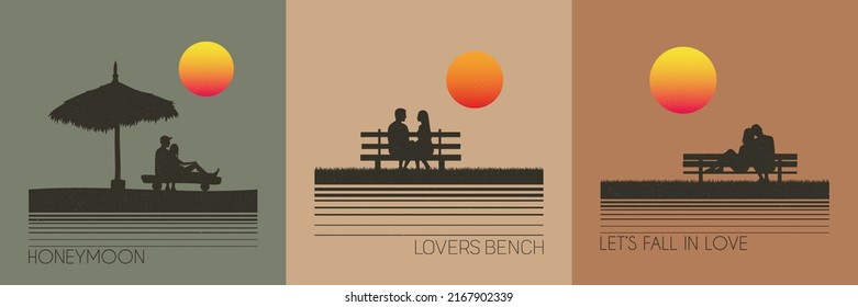 Lovers on bench at sunset. People in love. Colorful retro t-shirt set