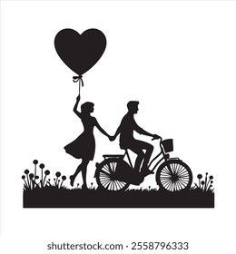 Lovers on the bike and a heart shape balloon silhouette on white background
