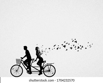 Lovers on bike tandem. Death, afterlife. Abstract people silhouette