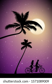 Lovers on bike tandem under palm trees on moonlit night. Vector illustration with silhouettes of cyclists on palm beach. Family road trip. Full moon in starry sky