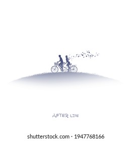 Lovers on bycicle. Death and afterlife. Isolated ink silhouette