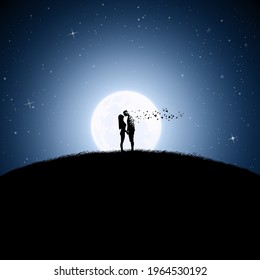 Lovers on bycicle silhouette. Moonlight night. Death and afterlife