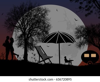 Lovers on camping in front of full moon, romantic background, vector illustration