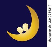 Lovers on the crescent moon isolated on dark background. Couple silhouette, romantic dreams.