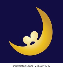 Lovers on the crescent moon isolated on dark background. Couple silhouette, romantic dreams.