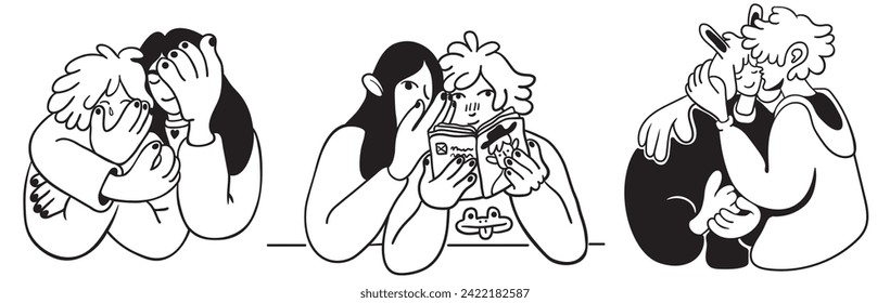 amantes de una cita. abrazos de pareja y besos.gente en líneas estilo doodle.plantilla para el diseño del logo de la etiqueta de la invitación a los afiches
