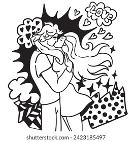 lovers on a date. couple hugging and kissing.people in lines doodle style.template for poster invitation sticker logo website design