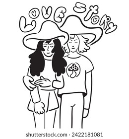 lovers on a date. couple love story.people in lines doodle style.template for poster invitation sticker logo website design