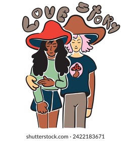 lovers on a date. love story cover.people in doodle style.template for poster invitation sticker logo website design