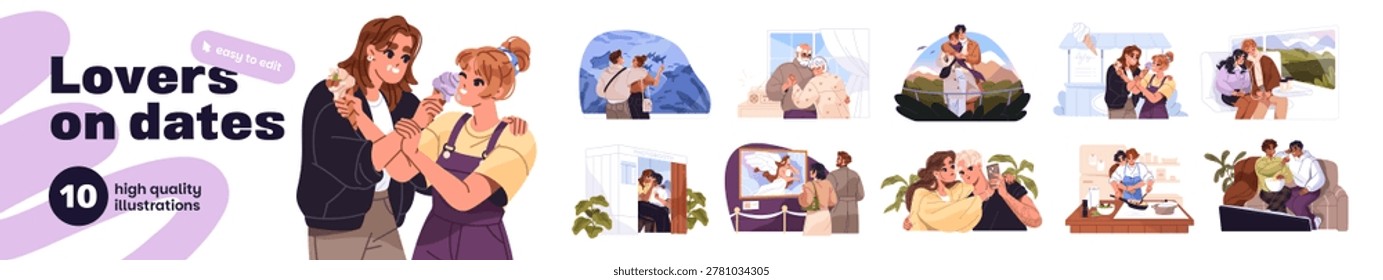 Lovers on date set. Romantic couples hug, kiss and dance. Diverse people in love walk, cuddle together. Happy young, elderly, LGBT and homosexual beloveds. Flat isolated vector illustrations on white