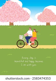 Lovers on a date while riding a bicycle on a spring day