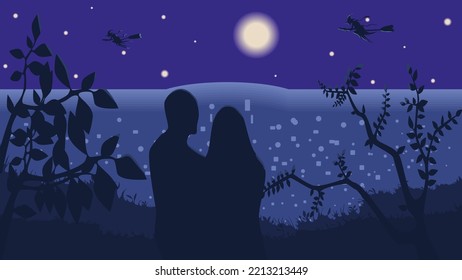 Lovers On The Hill Look Down At The Night City. The Moon And Stars Are Shining In The Sky, Witches Are Flying By To Celebrate Halloween
