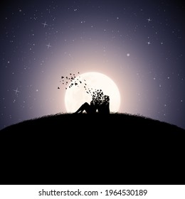 Lovers on moonlight night. Death and afterlife. Full moon silhouette