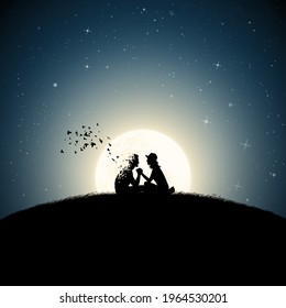 Lovers on moonlight night. Death and afterlife. Full moon silhouette