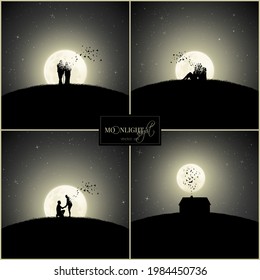 Lovers on moonlight night. Death, afterlife. House on hill. Full moon