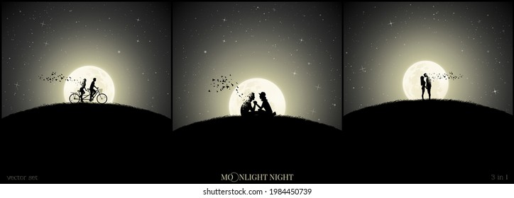 Lovers on moonlight night. Death, afterlife. Full moon. Silhouette set