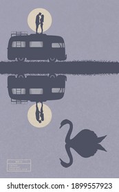 Lovers on retro car. Swan on lake. People in love. Family road trip