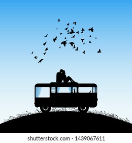 Lovers on roof of cartoon retro car. Vector illustration with silhouette of couple sitting under flock of flying birds. Family road trip. Blue pastel background