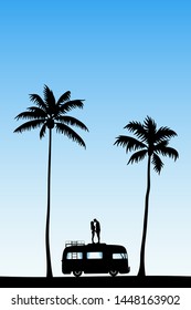 Lovers on roof of cartoon retro car. Vector illustration with silhouette of couple on palm beach. Family road trip. Blue pastel background
