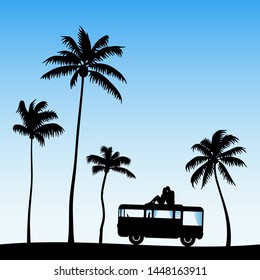 Lovers on roof of cartoon retro car. Vector illustration with silhouette of couple on palm beach. Family road trip. Blue pastel background