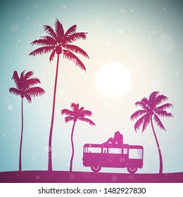 Lovers on roof of cartoon retro car at sunset. Vector illustration with silhouette of couple on palm beach. Family road trip. Pastel background with sun and flying fluff